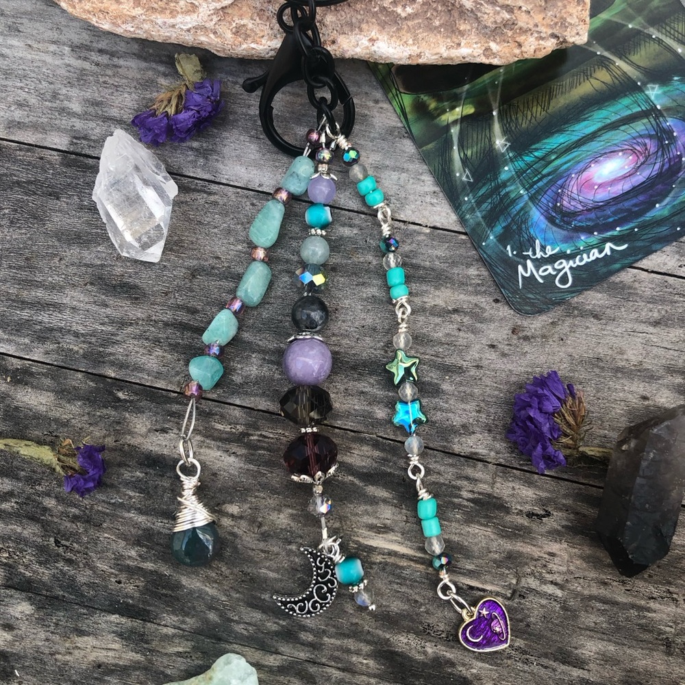 Amazonite Amethyst Gemstone Purse Charm Keychain / Car Mirror Charm